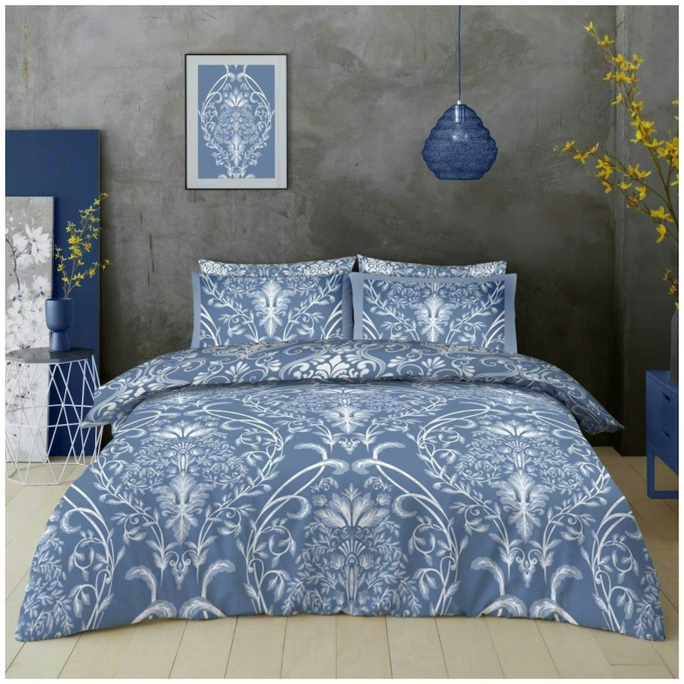 image 1 of VELVETIO Dorothy Damask Complete Duvet Cover Set with Fitted Sheet Soft Printed Bedding Bedset Blue | Double