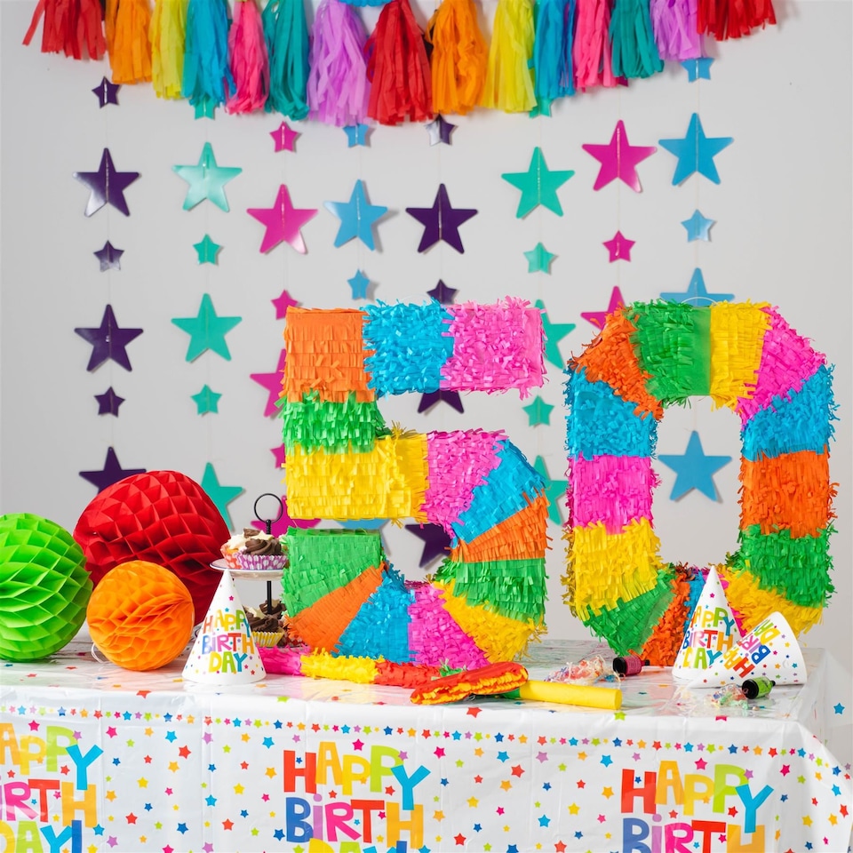 image 1 of Fax Potato 50th Birthday Pinata Set with Stick & Blindfold - Blue Stick