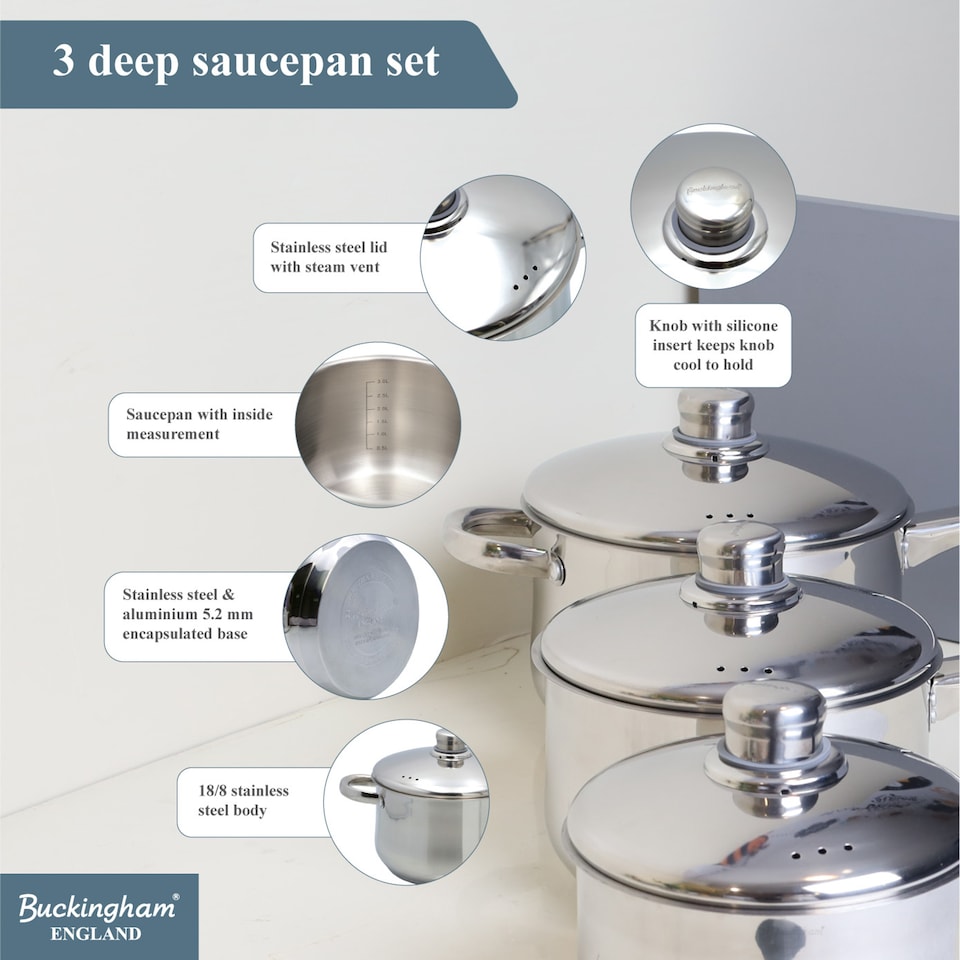 image 1 of Buckingham Stainless Steel 3 Piece Saucepan Set  Premium Quality | Silver