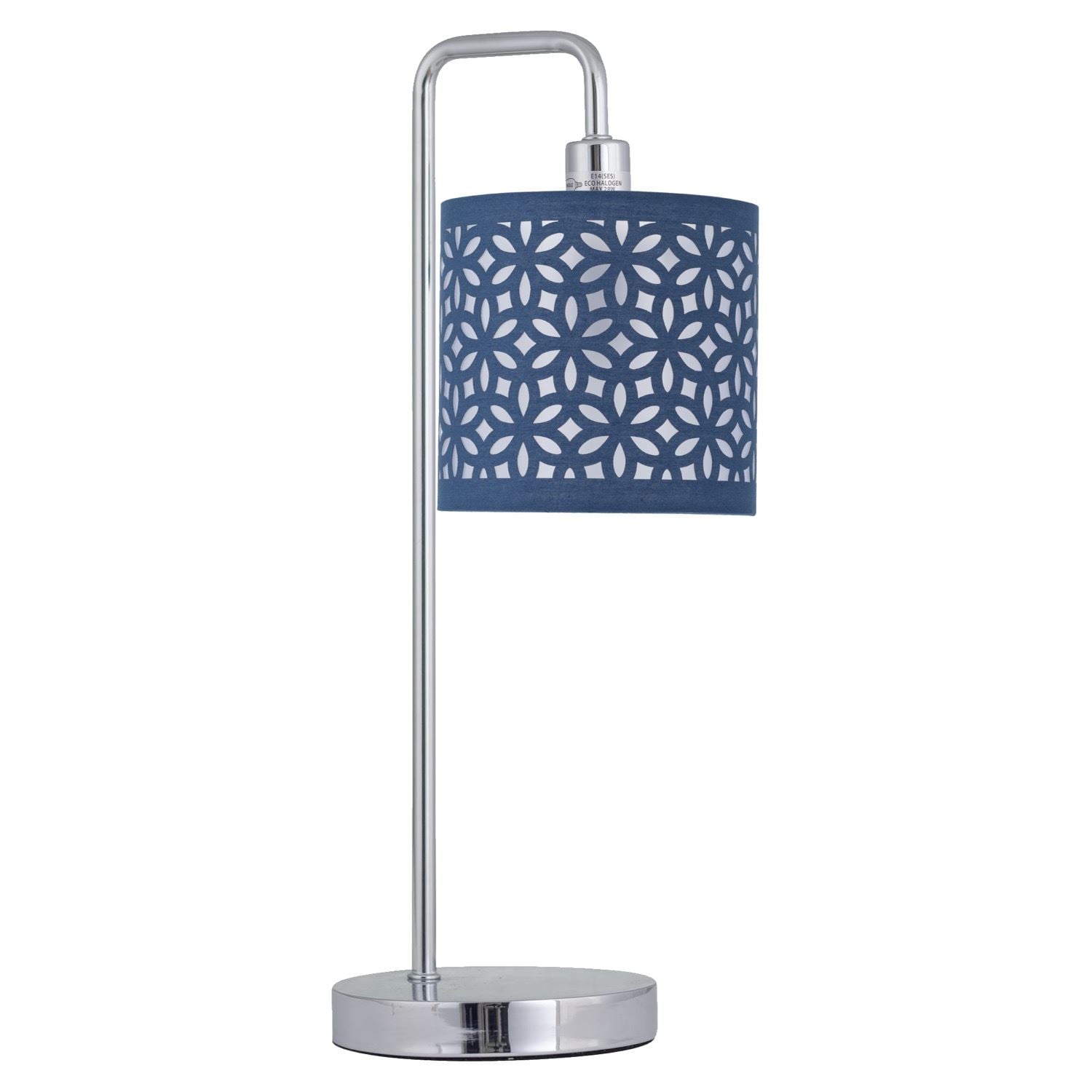 First Choice Lighting Chrome Arched Table Lamp with Navy Blue Laser Cut Shade in Silver