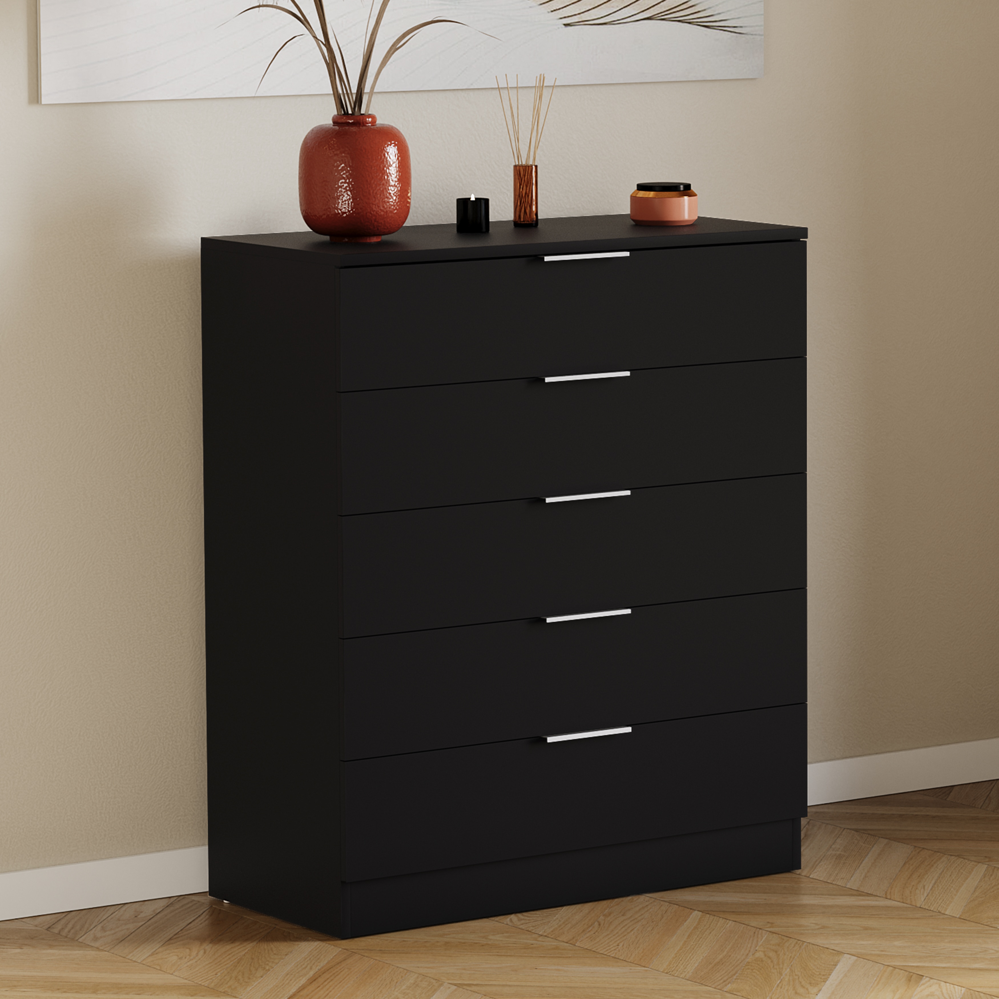 Vida Designs Trega 5 Drawer Chest of Drawers Bedroom Clothing Organiser Storage Unit - Black