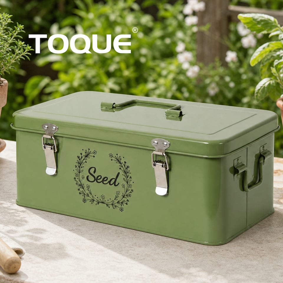 image 1 of TOQUE Seed Box 4-Compartment Storage Box Metal Seed Organiser Dark Green