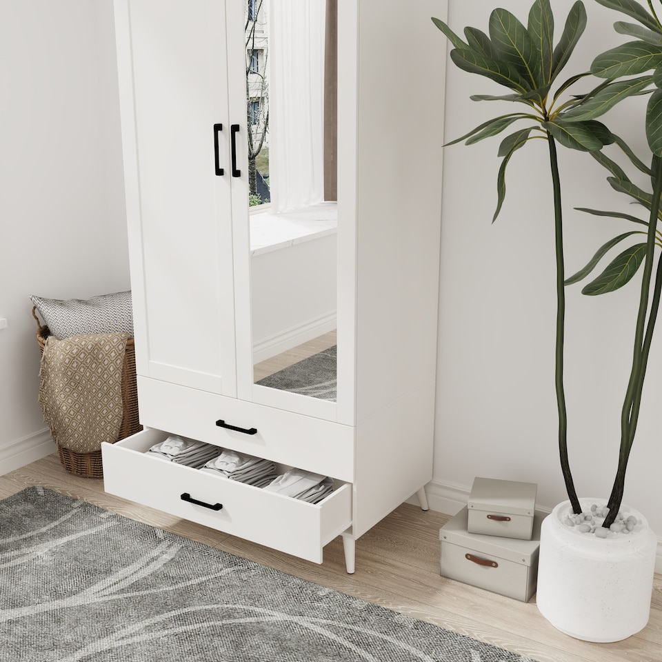 image 1 of 2-Door 2-Drawer Mirror Wardrobe with Legs | White | White & White | 55 x 9.5 x 149 | 1