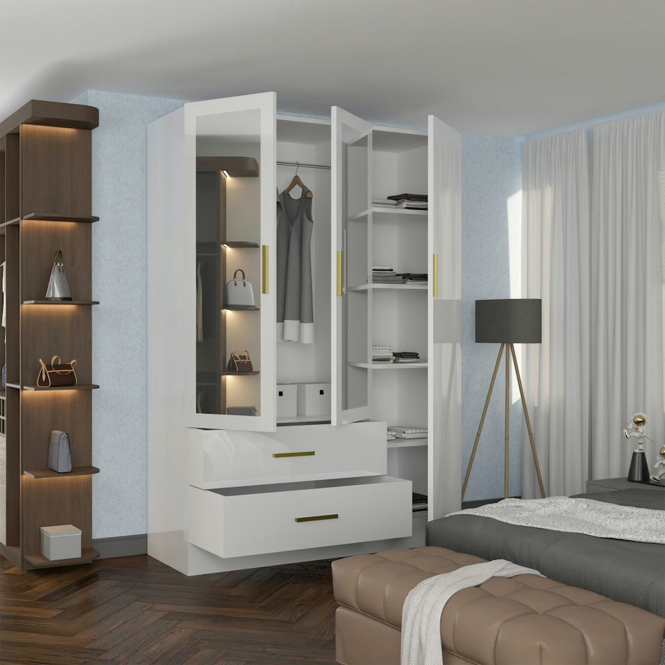 image 1 of Modern 3-Door High Gloss Wardrobe with Dual Mirrors, Gold Accent Handles, Drawers & Shelves-116cm Wide White | White116cm