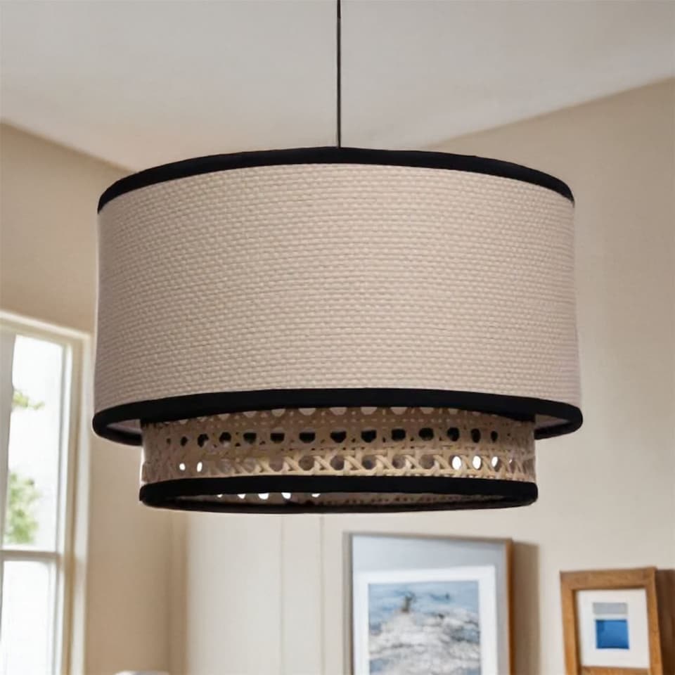 image 1 of Set of 2 Koral - Natural Rattan and Cane 25 cm Easy Fit Two Tier Pendant Shades | Cream | Medium | 2