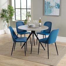 Aspen Round Dining Table and 4 Duo Plastic Seats Chairs with Metal Legs - Grey Oak/Blue/Black - Flat Packed Grey