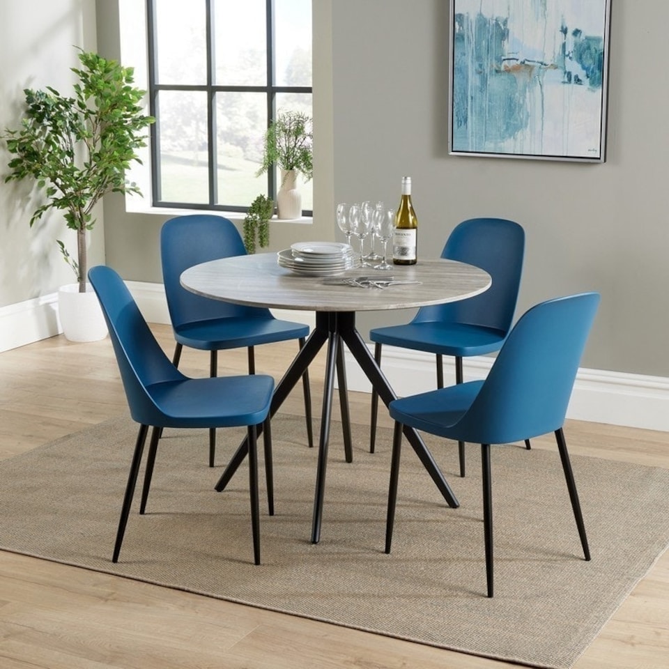 image 1 of Aspen Round Dining Table and 4 Duo Plastic Seats Chairs with Metal Legs - Grey Oak/Blue/Black - Flat Packed Grey