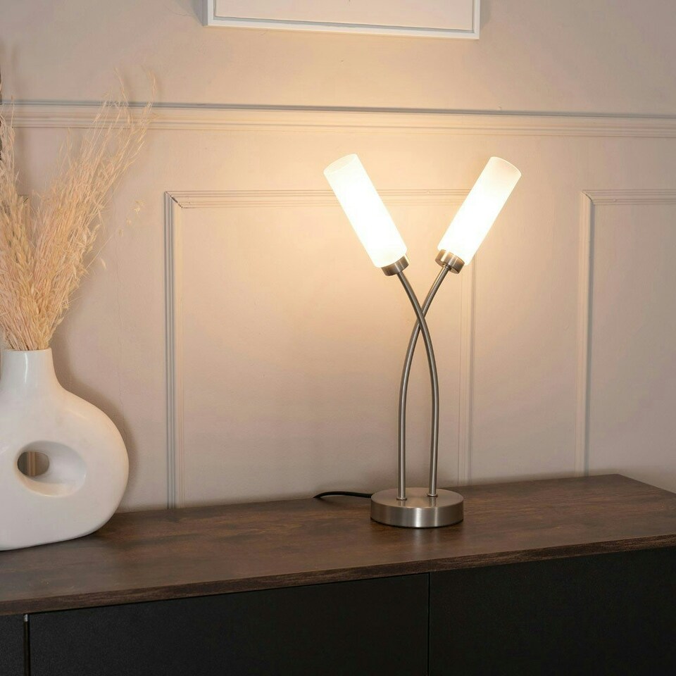 image 1 of ValueLights Maya Brushed Chrome 2 Way Curved Cross Over Reed Shaded Table Lamp