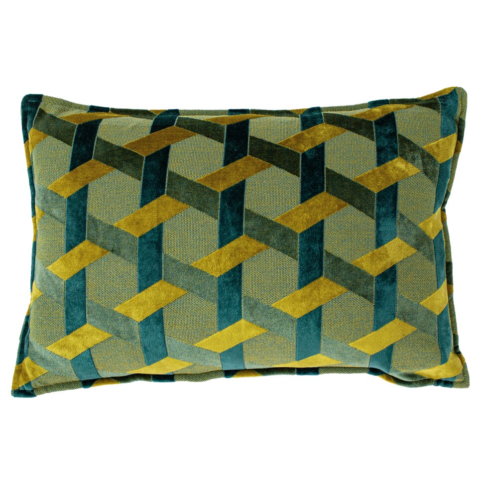 image 1 of Paoletti Delano Velvet Jacquard Cushion, Teal/Gold, 40 x 60cm