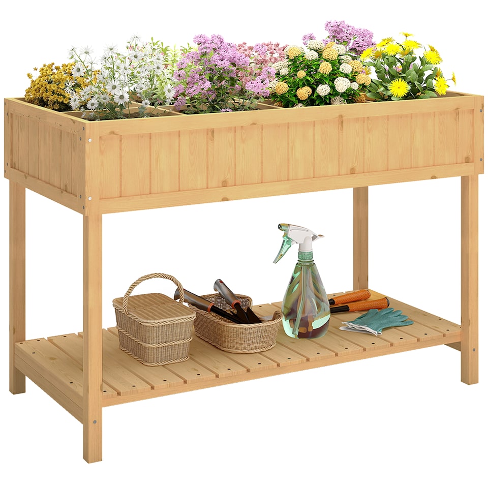 image 1 of Outsunny Wooden Herb Planter Stand 8 Cubes Bottom Shelf Raised Bed Natural