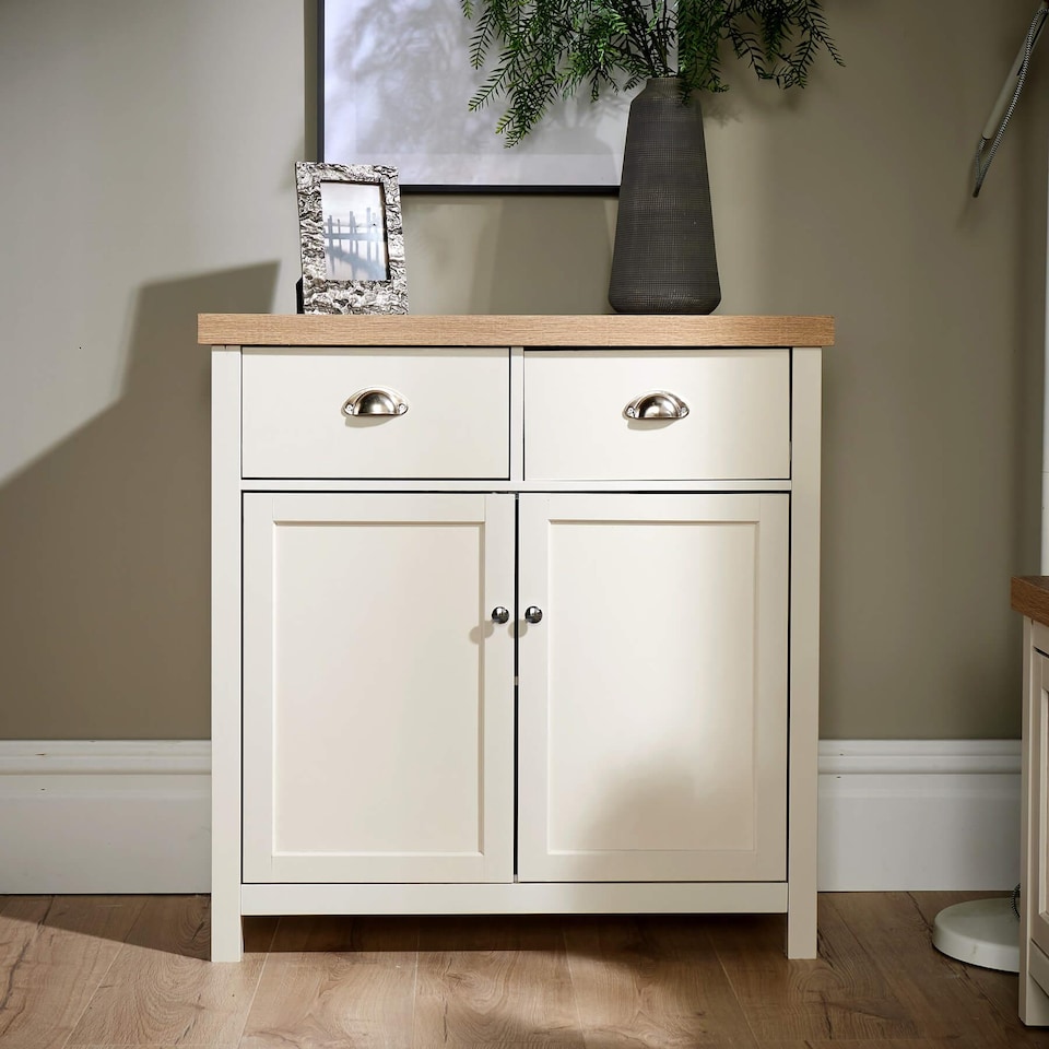 image 1 of Sideboard 2 Door 2 Drawer Storage Cupboard Shelf 36mm Oak Top | White