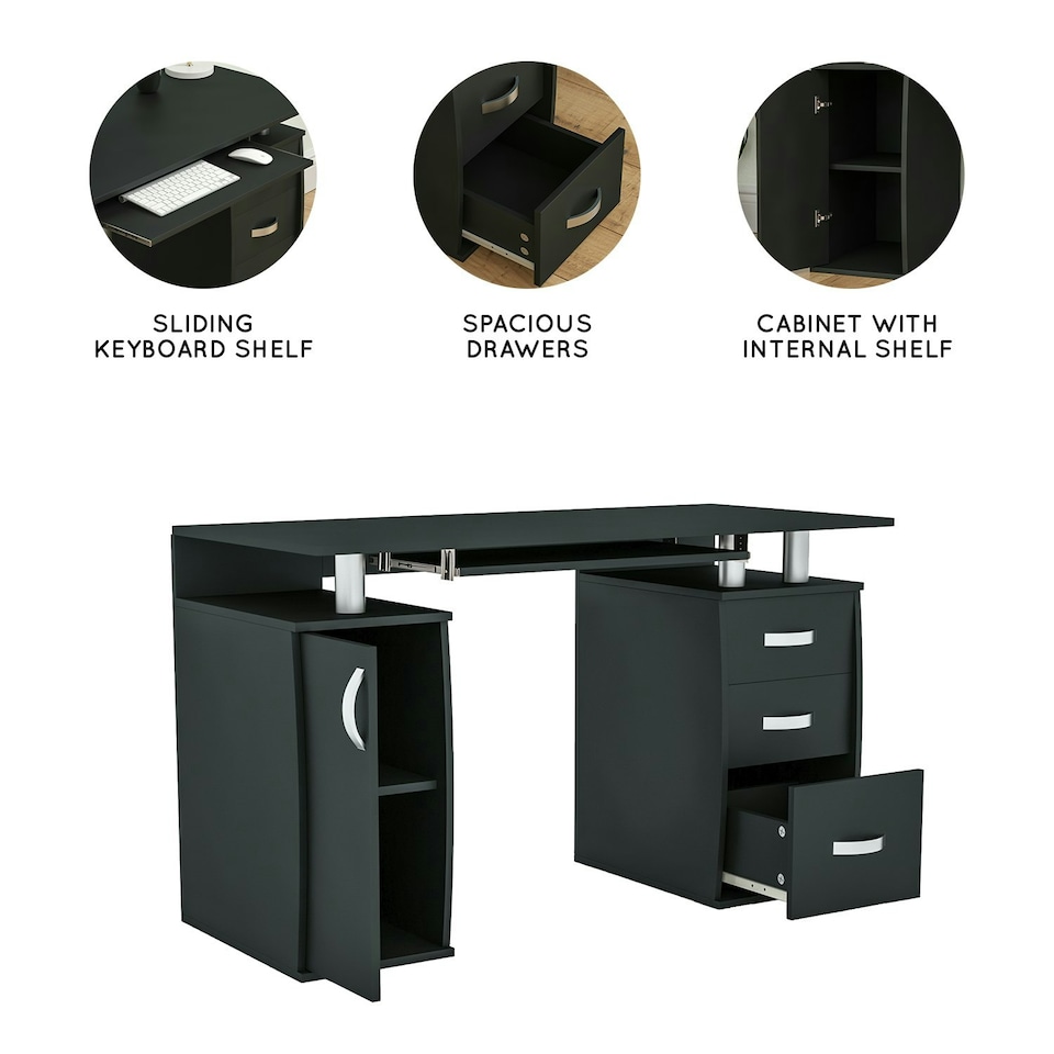 image 1 of Vida Designs Otley 3 Drawer Computer Desk Home Office Workstation, Black