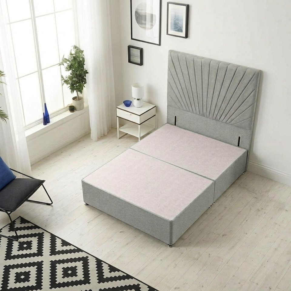 image 1 of Sunburst Divan Bed with 54'' Floor Standing Headboard Tweed Fabric | Grey | Grey