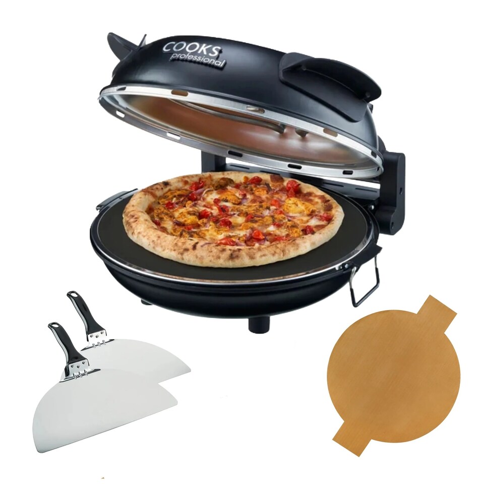 image 1 of Cooks Professional Electric Pizza Oven with Stone Base, Window, Paddles & Baking Sheet | Black