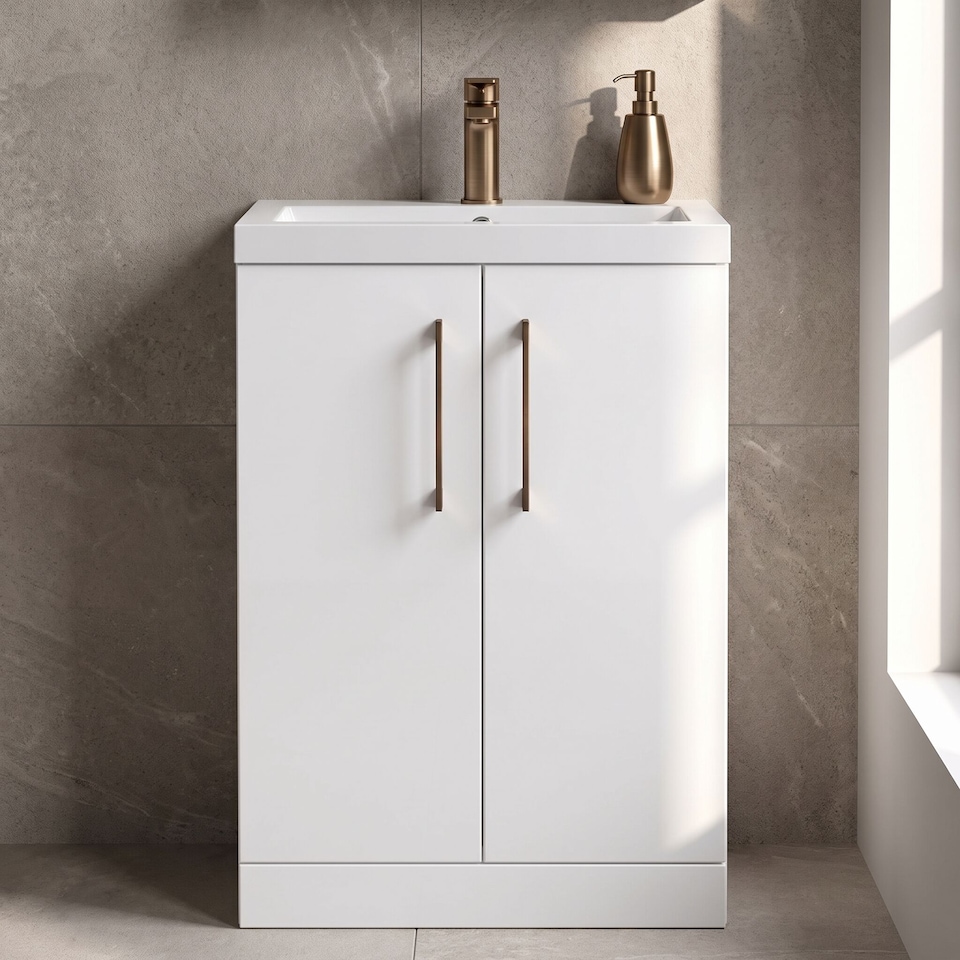 image 1 of Balterley Level Compact Bathroom Cloakroom Vanity Basin Unit with Ceramic Basin, Handles | White | Gloss White | 840 x 620 x 360mm