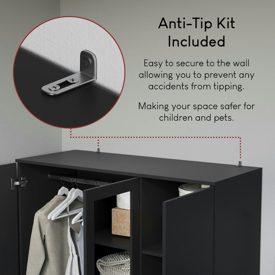 image 1 of Vida Designs Riano 3 Door 2 Drawer Mirrored Wardrobe With Shelf & Clothes Rail, Black
