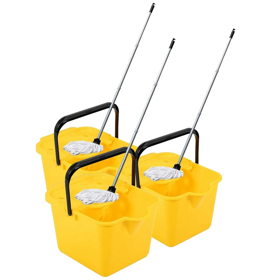 image 1 of 2 x Yellow 12L Mop & Bucket Set For Cleaning Hard Floors Complete With Pouring Lip & Cotton Mop