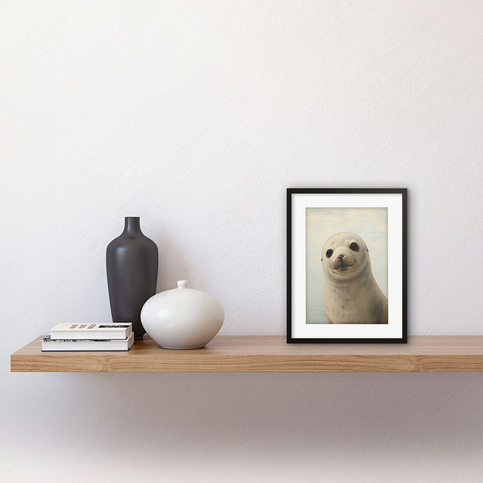 image 1 of Adorable Baby Seal Pup Portrait Cute Animal 9x7" Black Framed Wall Art Print