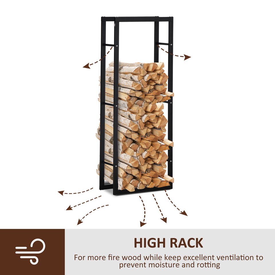 image 1 of HOMCOM Metal Firewood Log Holder Tall Firewood Rack Indoor Outdoor Fireplace Wood Storage Shelf with Side Rails, RustResistant, Black, 60W x 25D x 150H cm