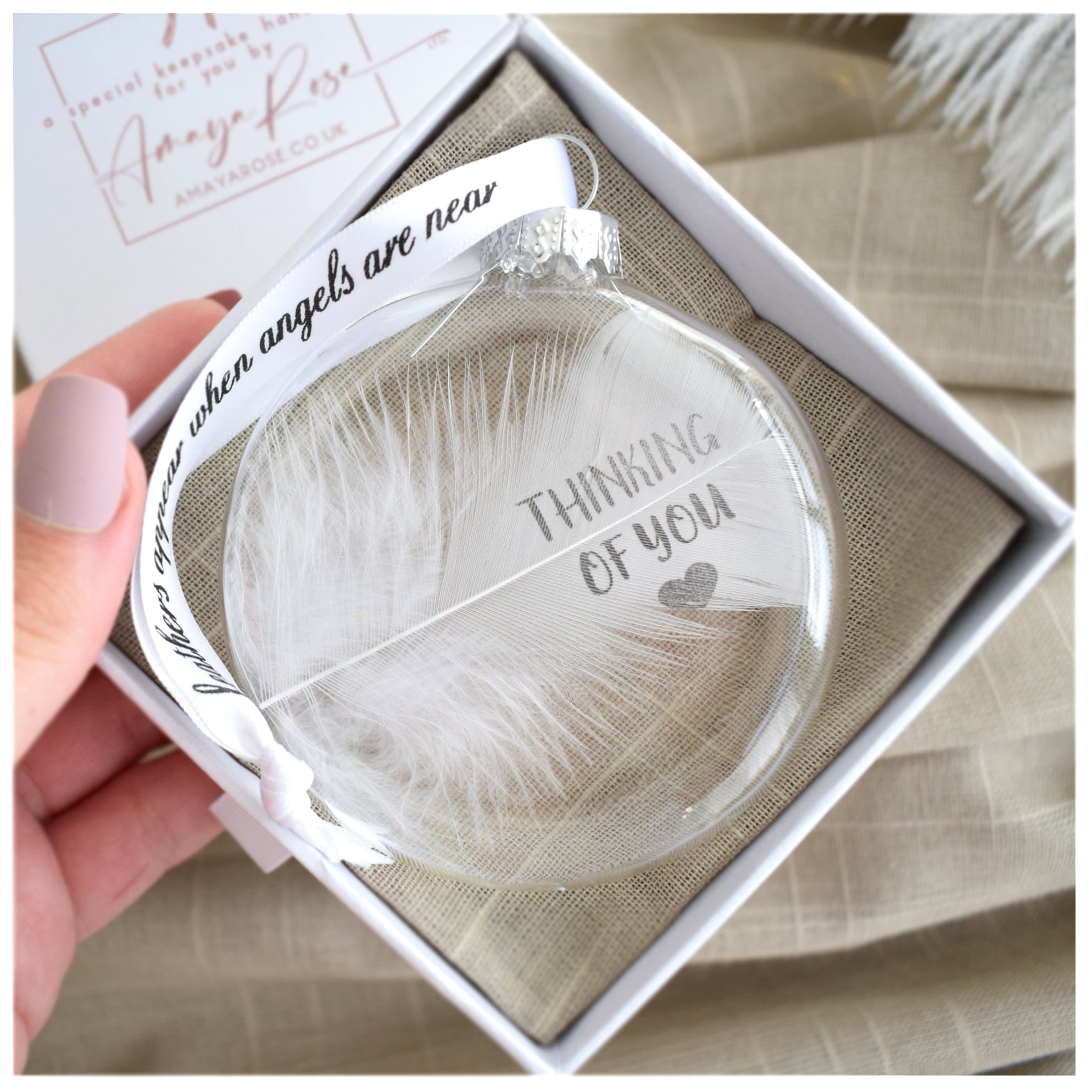 Amaya Rose Ltd Thinking Of You In Memory Round Feather Bauble Remembrance Gift Boxed in Clear