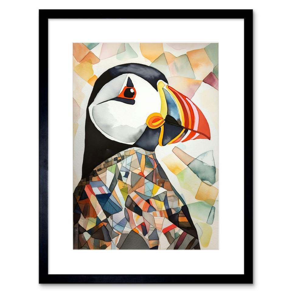 image 1 of Puffin Bird Abstract Portrait Folk Art 9x7" Black Framed Wall Art Print