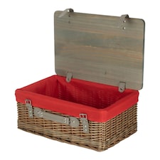 41cm Antique Wash Red Lined Willow Empty Picnic Basket with Pinewood Lid | Brown | Brown | M | 1
