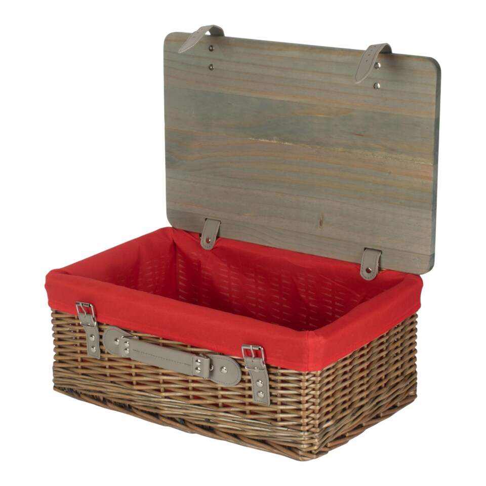 image 1 of 41cm Antique Wash Red Lined Willow Empty Picnic Basket with Pinewood Lid | Brown | Brown | M | 1