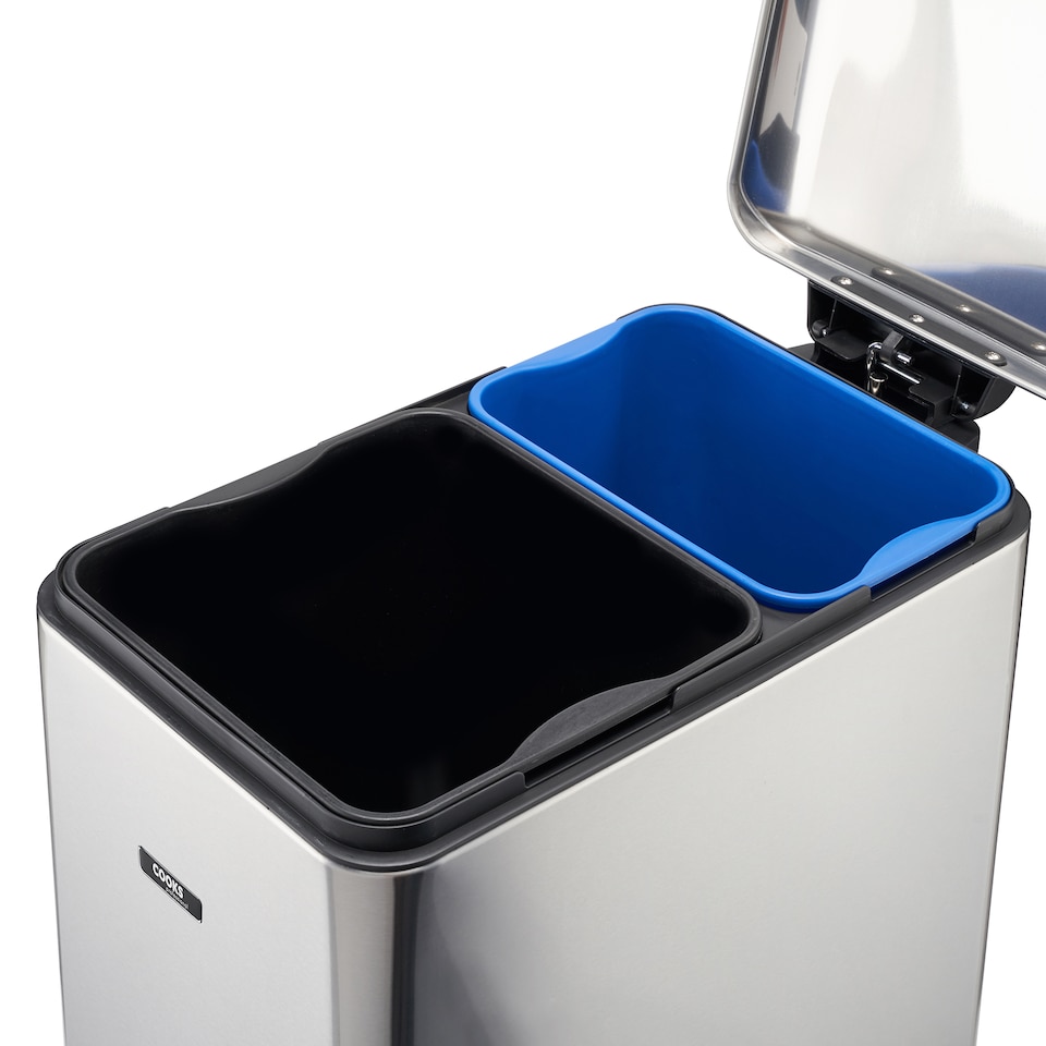 image 1 of Cooks Professional Slimline Dual Recycle Pedal Bin 50L - 2 Compartments & Soft Close Lid | Silver