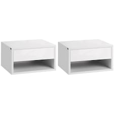 HOMCOM Floating Bedside Table Set of 2 Wall Mounted Nightstand with Storage Drawer and Open Shelf for Bedroom, High Gloss White | White