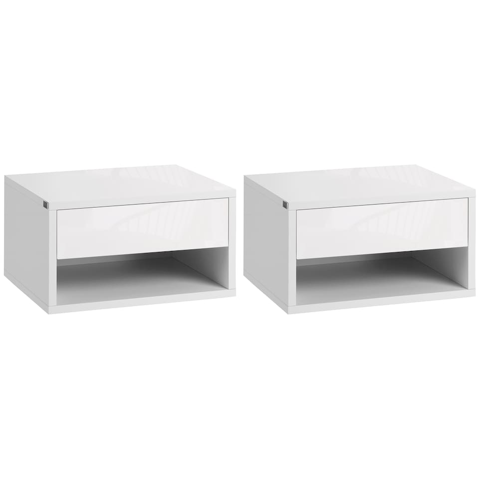 image 1 of HOMCOM Floating Bedside Table Set of 2 Wall Mounted Nightstand with Storage Drawer and Open Shelf for Bedroom, High Gloss White | White