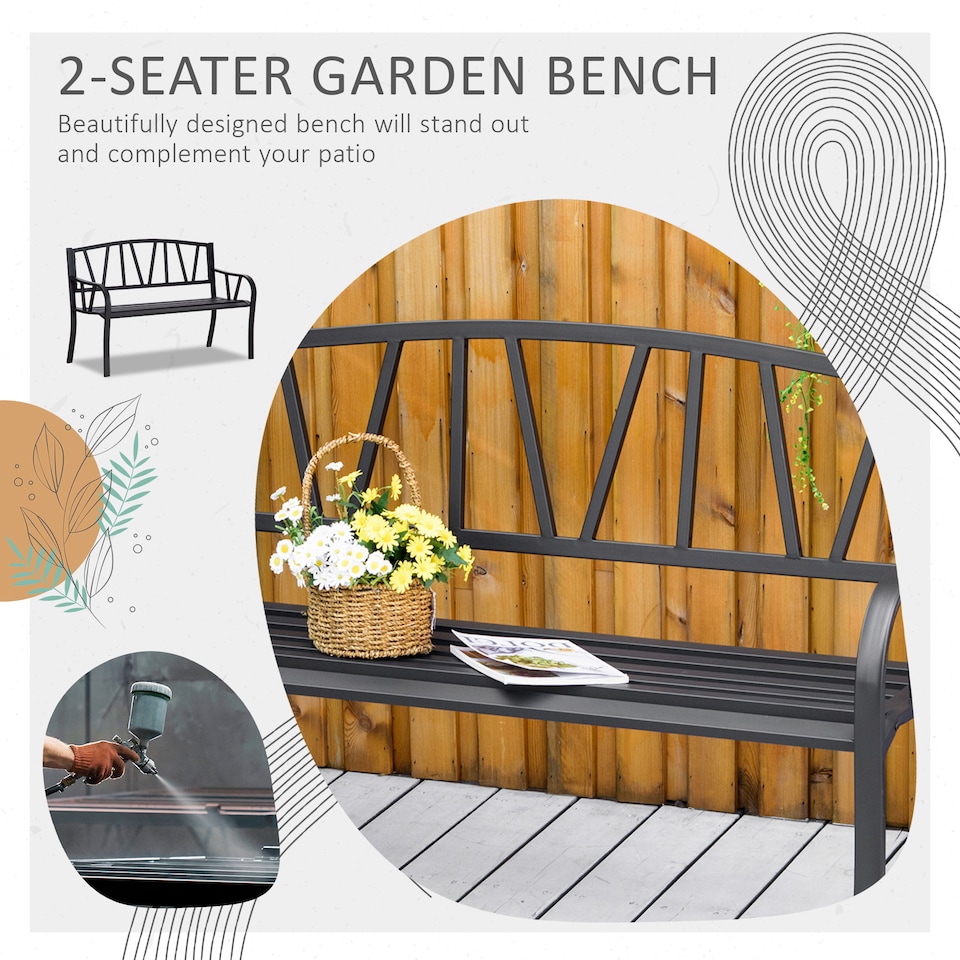 image 1 of Outsunny 2Seater Garden Bench Solid Metal Loveseat Outdoor Furniture for Patio Family Chair w Decorative Backrest Ergonomic Armrest