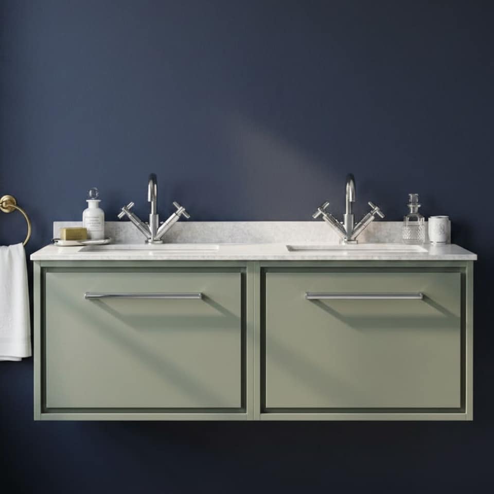 image 1 of Balterley Wall Hung Double Basin Vanity Unit with Marble Worktop Basins | Green | Reed Green | 509 x 1220 x 470mm