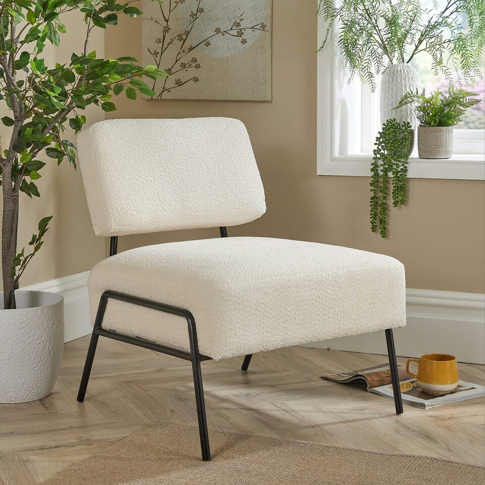 image 1 of Boucle Accent Chair Black Metal Legs Cream Modern Home Living Seating Furniture Green