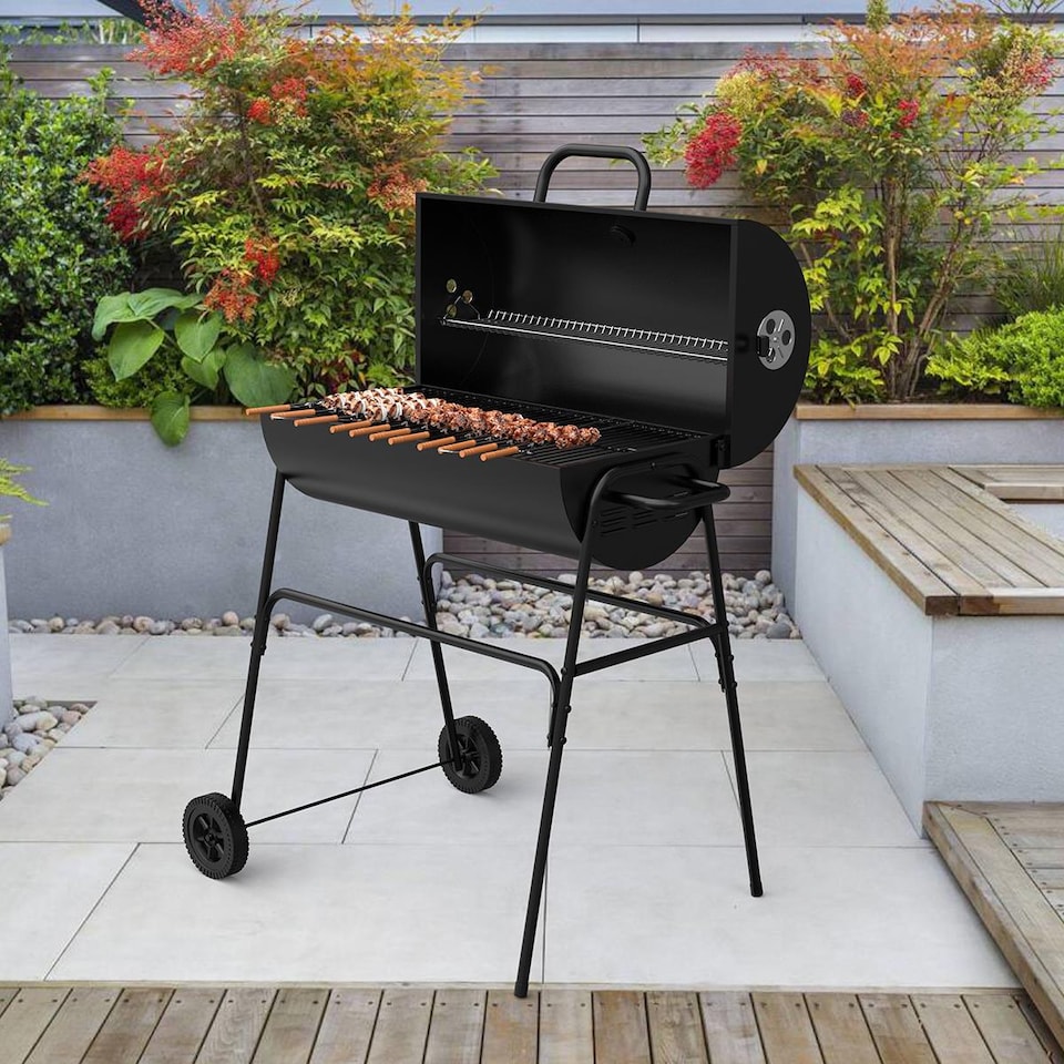 image 1 of House of Home BBQ Barrel Charcoal Grill with Lid Thermometer, Portable Trolley Smoker, Wheels