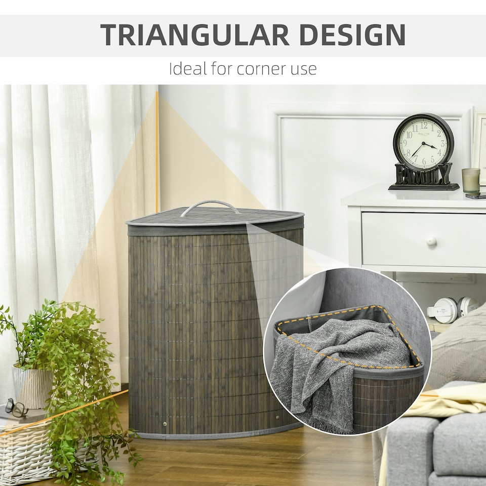 image 1 of HOMCOM 55L Bamboo Corner Laundry Hamper Bamboo Laundry Basket 38x38x57cm Grey