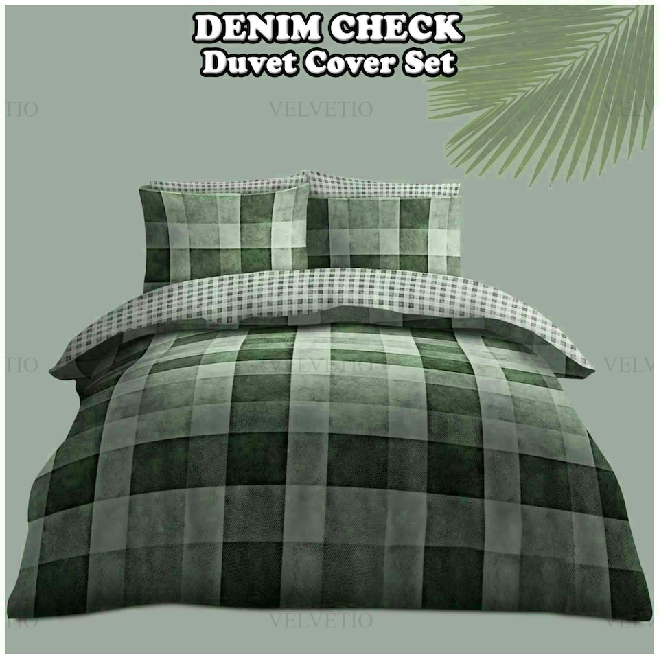 image 1 of VELVETIO Denim Check Printed Duvet Cover Set Reversible Polycotton Beddings Red | King