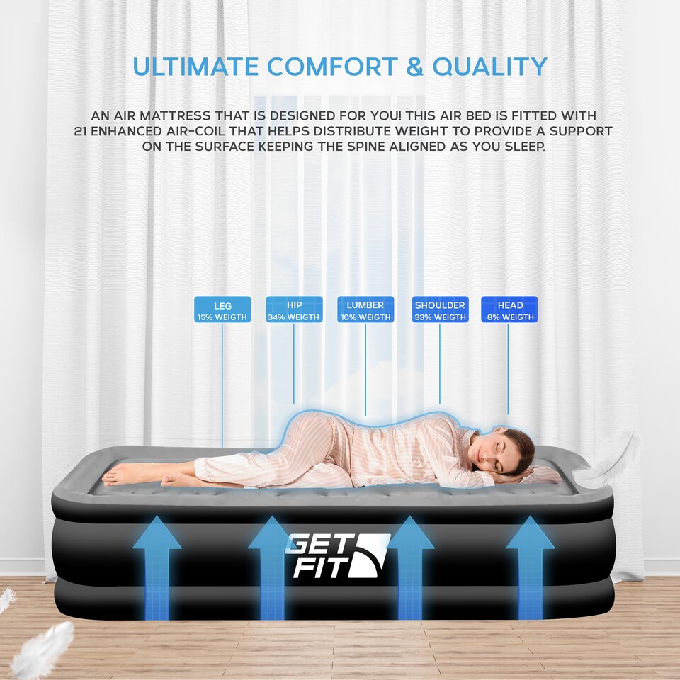 image 1 of Get Fit Air Bed With Built In Electric Pump - Premium Single Size - Blow Up Bed With Free Pillow - Elevated Inflatable Air Mattress | Black | Black / Grey | 1