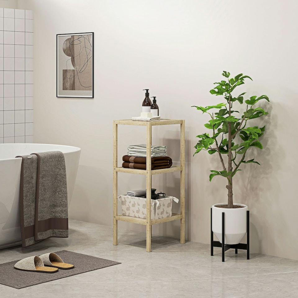 image 1 of HOMCOM 3 or 4-Tier Bathroom Storage Shelving Unit Bamboo Shelves Yellow