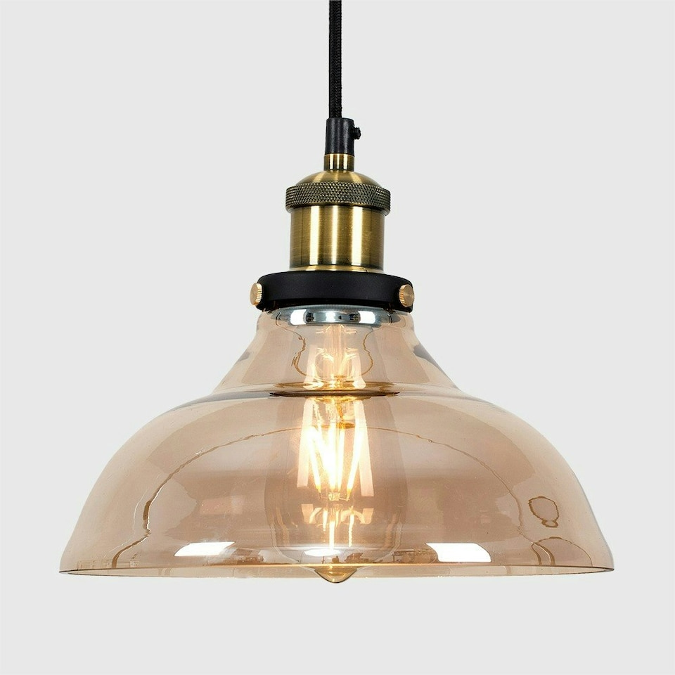 image 1 of ValueLights Wallace Black and Gold Ceiling Light Pendant with Amber Tinted Clear Glass Shade with LED Filament Bulb In Warm White