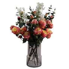 60cm Smoke Grey Vase Pink Peonies and Artificial Eucalyptus