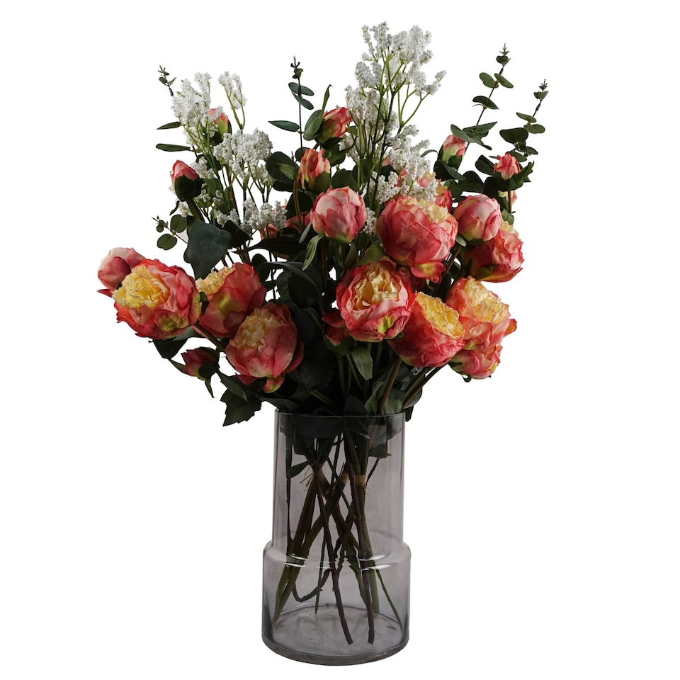 image 1 of 60cm Smoke Grey Vase Pink Peonies and Artificial Eucalyptus
