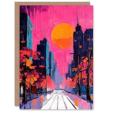 City Street Autumn Pink Sunset Sky Cityscape Birthday Greeting Card