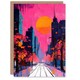 image 1 of City Street Autumn Pink Sunset Sky Cityscape Birthday Greeting Card