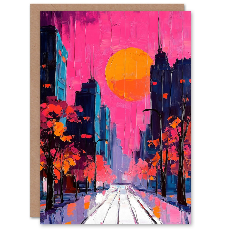 image 1 of City Street Autumn Pink Sunset Sky Cityscape Birthday Greeting Card