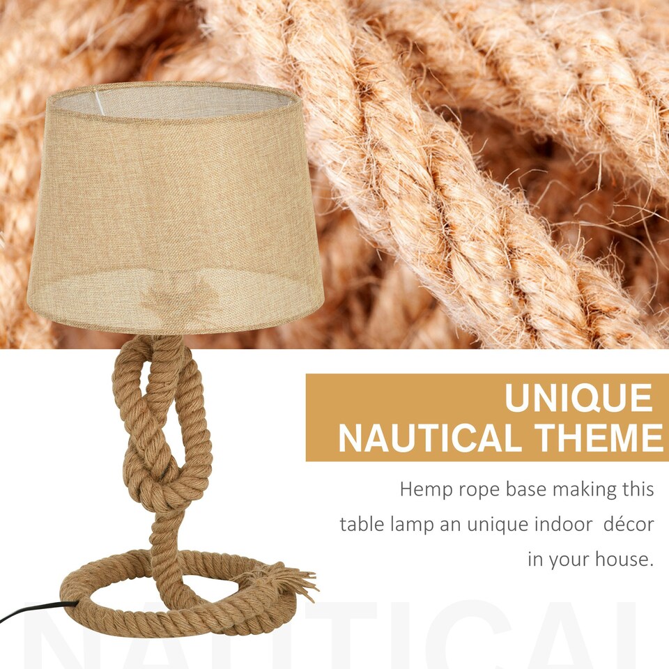 image 1 of HOMCOM Nautical Style Rope-Base Table Lamp w/ Fabric Lampshade Metal Frame Beige