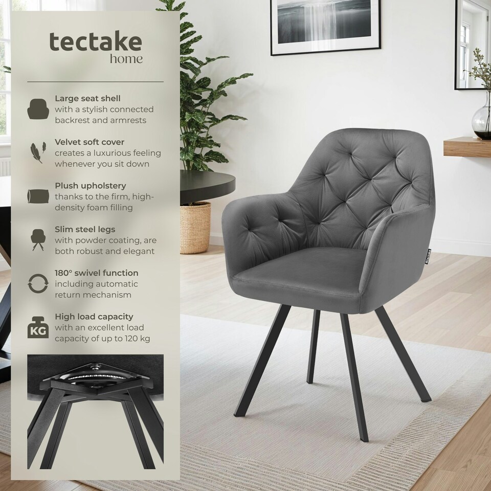 image 1 of Armchair Lucia - padded, quilted pattern, 180 degree swivel chair - Set of 6 Grey | Anthracite