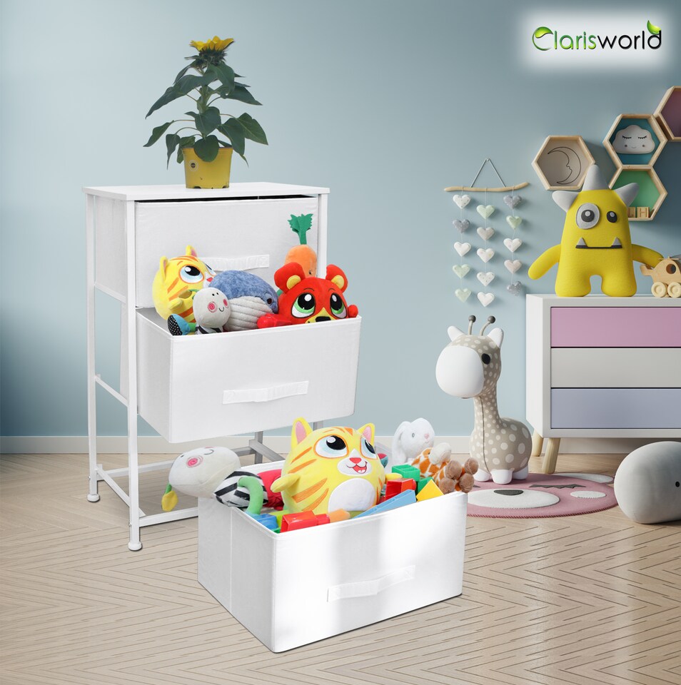 image 1 of Clarisworld 3 Drawer Storage Tower Dresser with Wood Top, Sturdy Steel Frame & Laminated Fabric Drawers, Storage Organiser Unit for Bedroom, Hallway, Entryway, Closet & Office