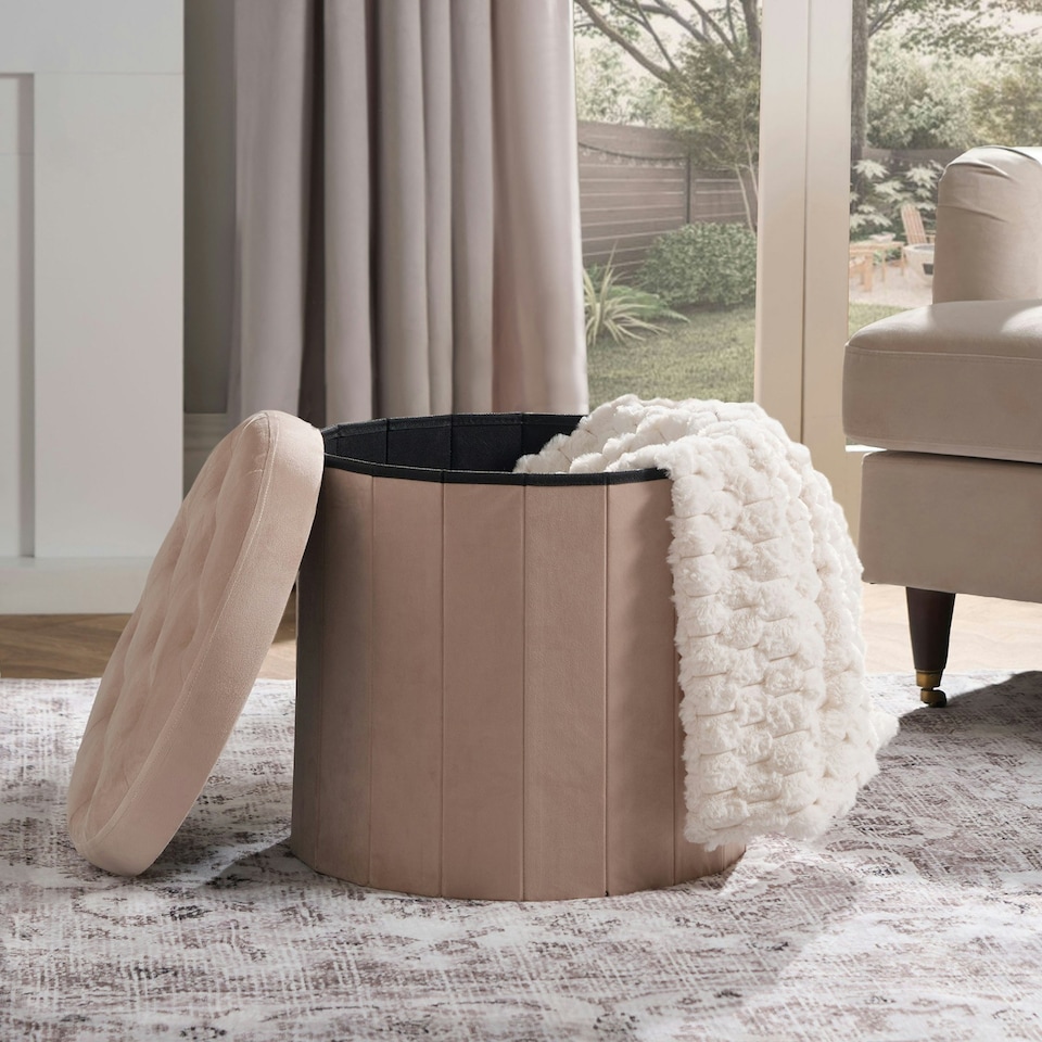 image 1 of OHS Matte Velvet Soft Round Foldable Footstool Seat Storage Organiser Ottoman | Cream | Natural