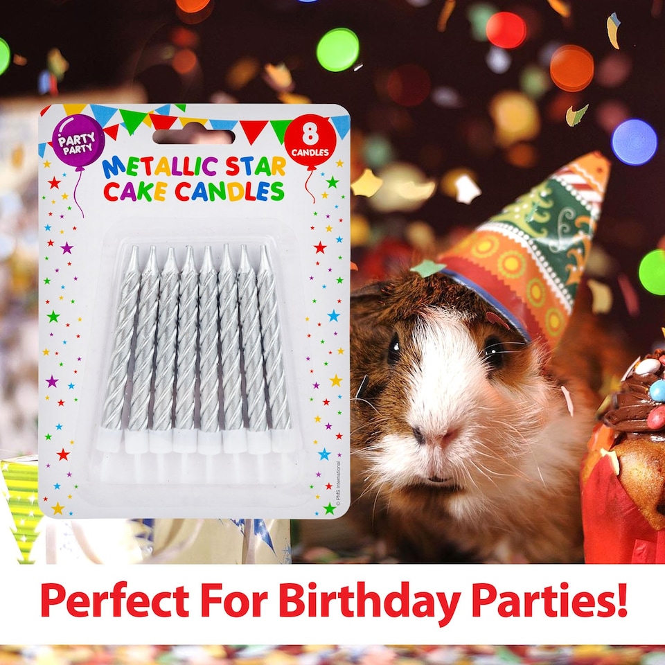 image 1 of PMS 8-Pack Metallic Silver Birthday Cake Candles 75mm