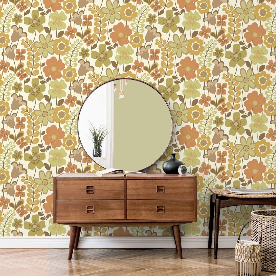 image 1 of Retro Floral Wallpaper Brown Orange Green Cream Vintage Classic Feature Wall